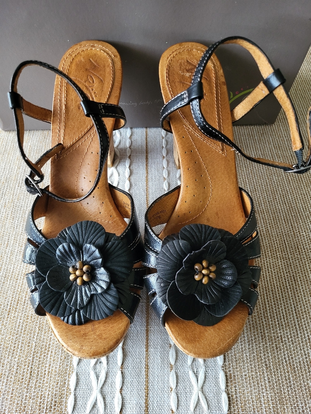 Women's Black Floral Ankle-Strap Sandals